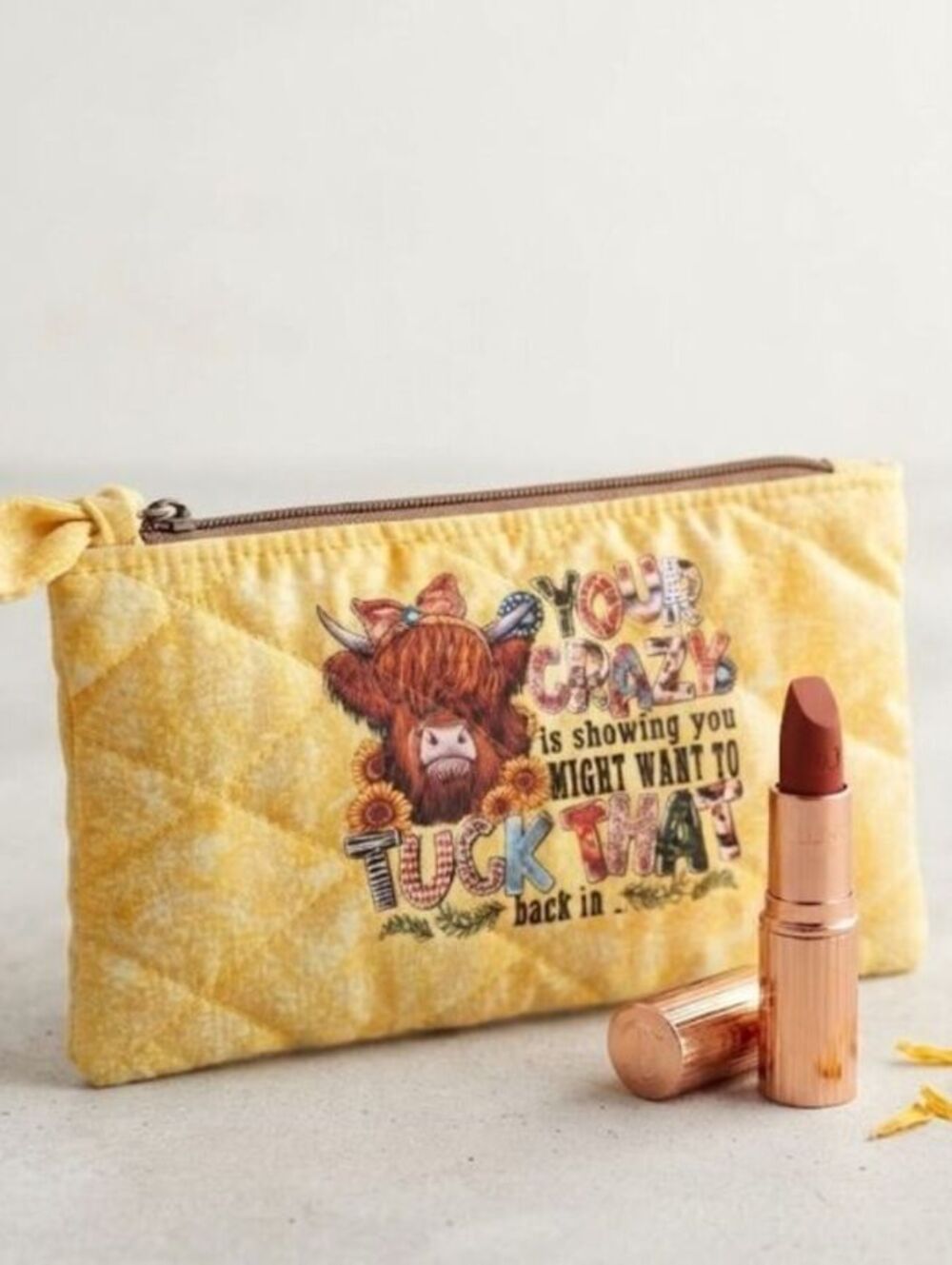 Highland cow funny yellow Quilted bow pouch, sunflowers, humor, cosmetic pouch